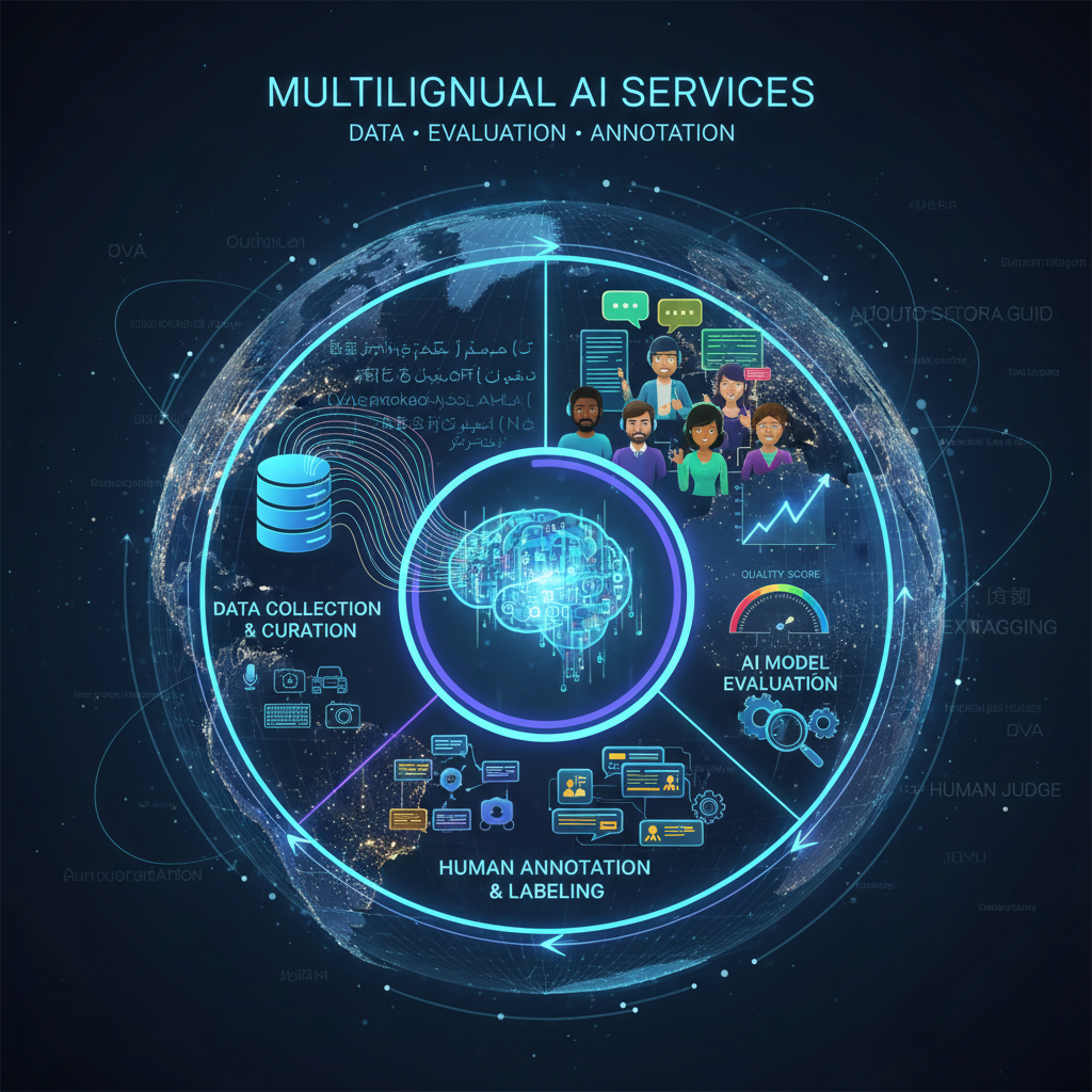 Abstract visualization of AI translation and multilingual language operations