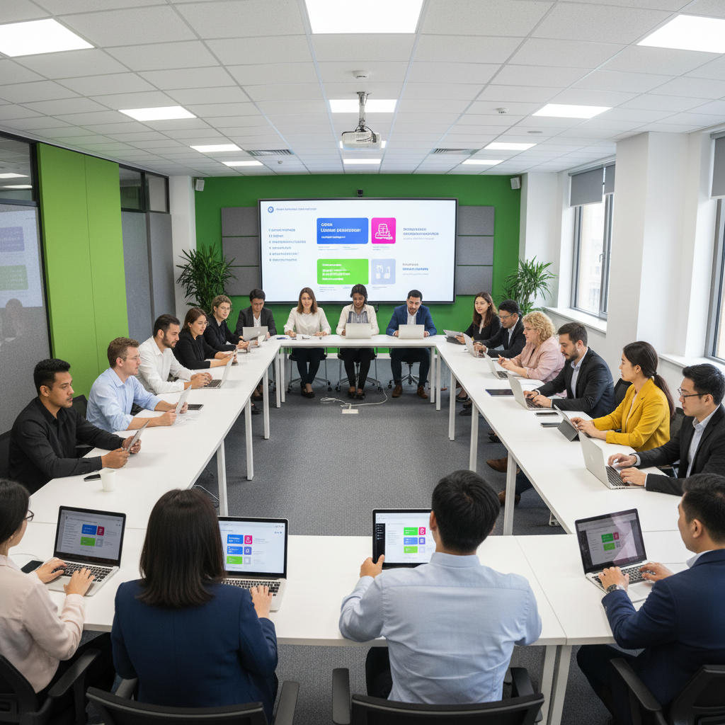 Global team participating in localized employee training session with multilingual e-learning modules on screen