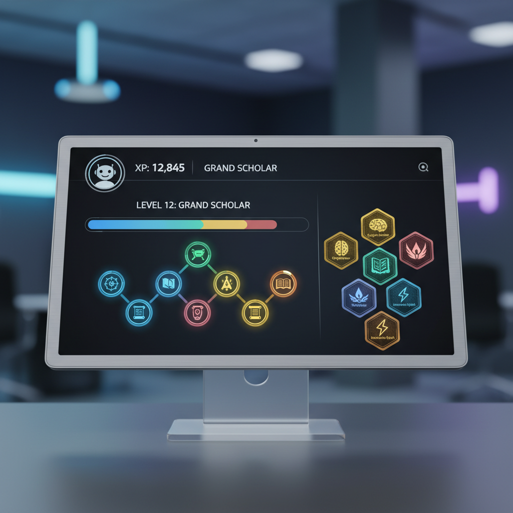 Gamified e-learning interface showing achievement badges, progress bars, and multilingual learning modules